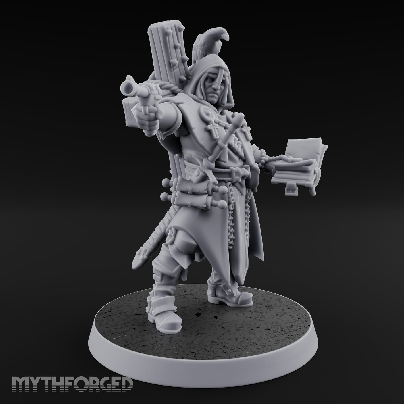 Pistol Aiming Scripture Clutching Human Trench Cleric Miniature for Dungeons and Dragons, Pathfinder or other TTRPGs