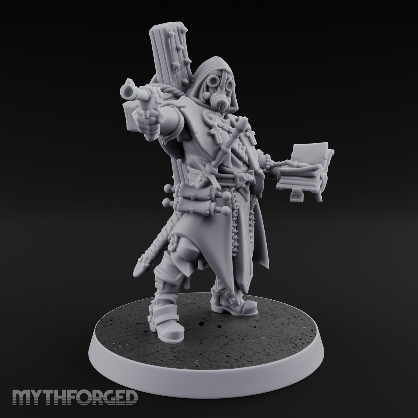 Pistol Aiming Scripture Clutching Human Trench Cleric Miniature for Dungeons and Dragons, Pathfinder or other TTRPGs