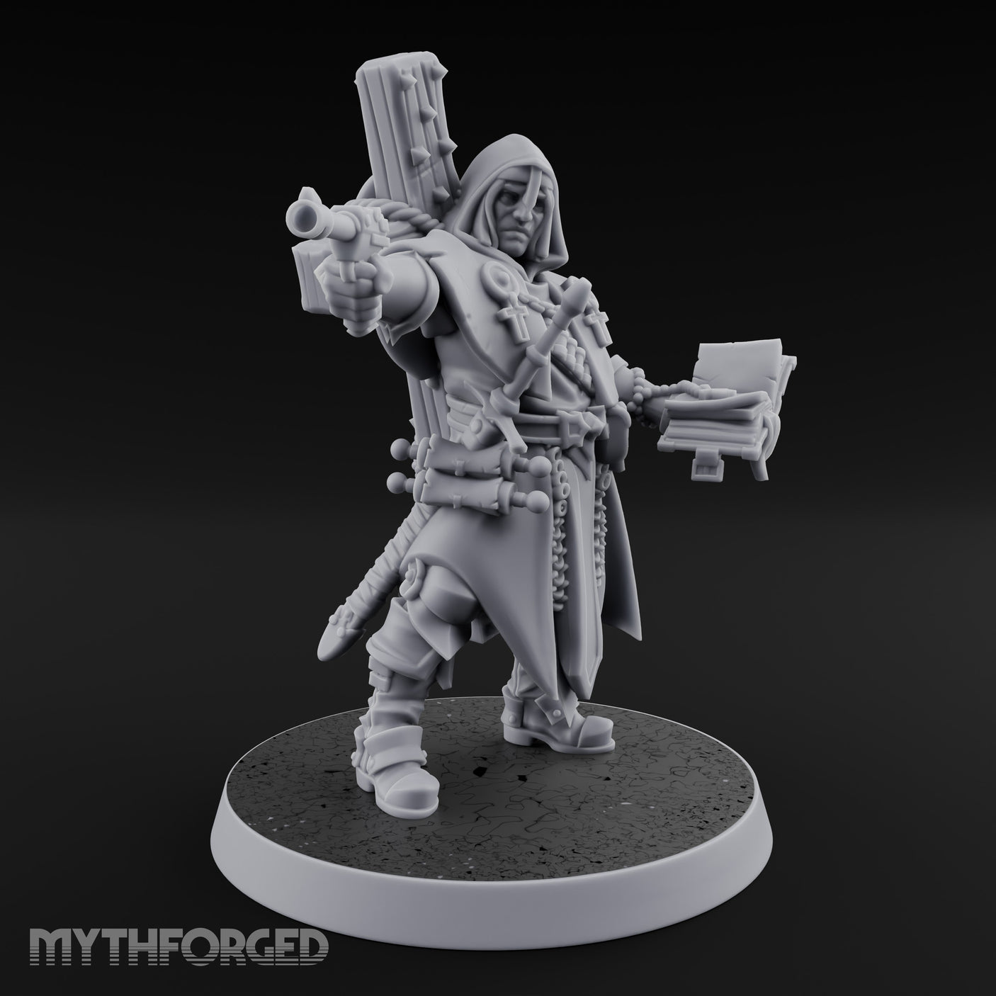 Pistol Aiming Scripture Clutching Human Trench Cleric Miniature for Dungeons and Dragons, Pathfinder or other TTRPGs