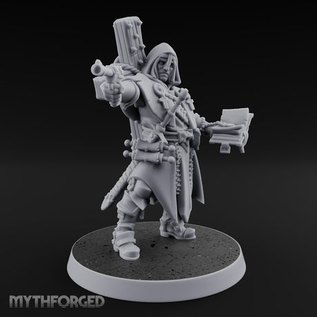 Pistol Aiming Scripture Clutching Human Trench Cleric Miniature for Dungeons and Dragons, Pathfinder or other TTRPGs