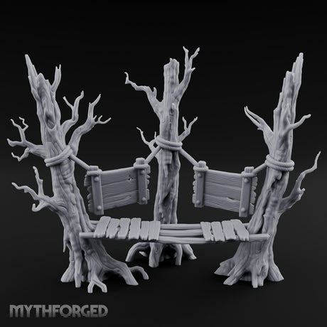 Plank-Bridged Rope-Lashed Dead Tree Bench Set Miniature for Dungeons and Dragons, Pathfinder or other TTRPGs