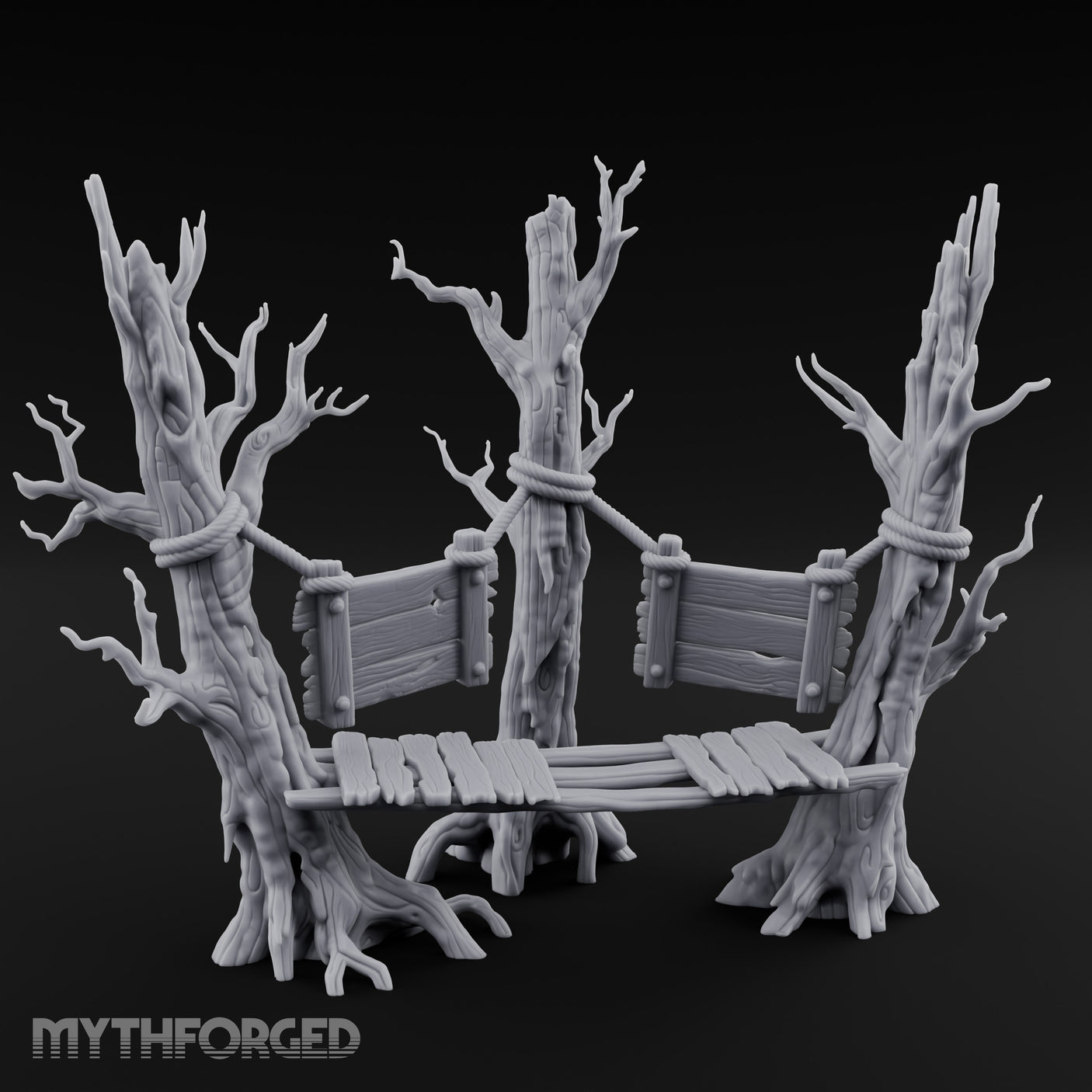 Plank-Bridged Rope-Lashed Dead Tree Bench Set Miniature for Dungeons and Dragons, Pathfinder or other TTRPGs