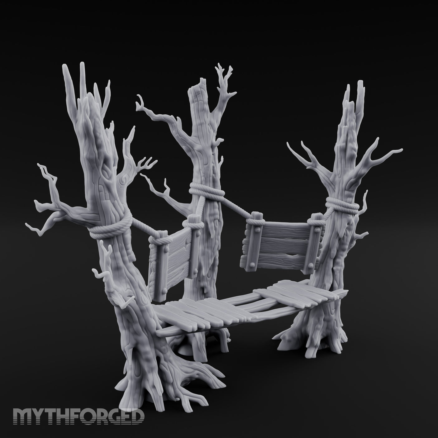 Plank-Bridged Rope-Lashed Dead Tree Bench Set Miniature for Dungeons and Dragons, Pathfinder or other TTRPGs