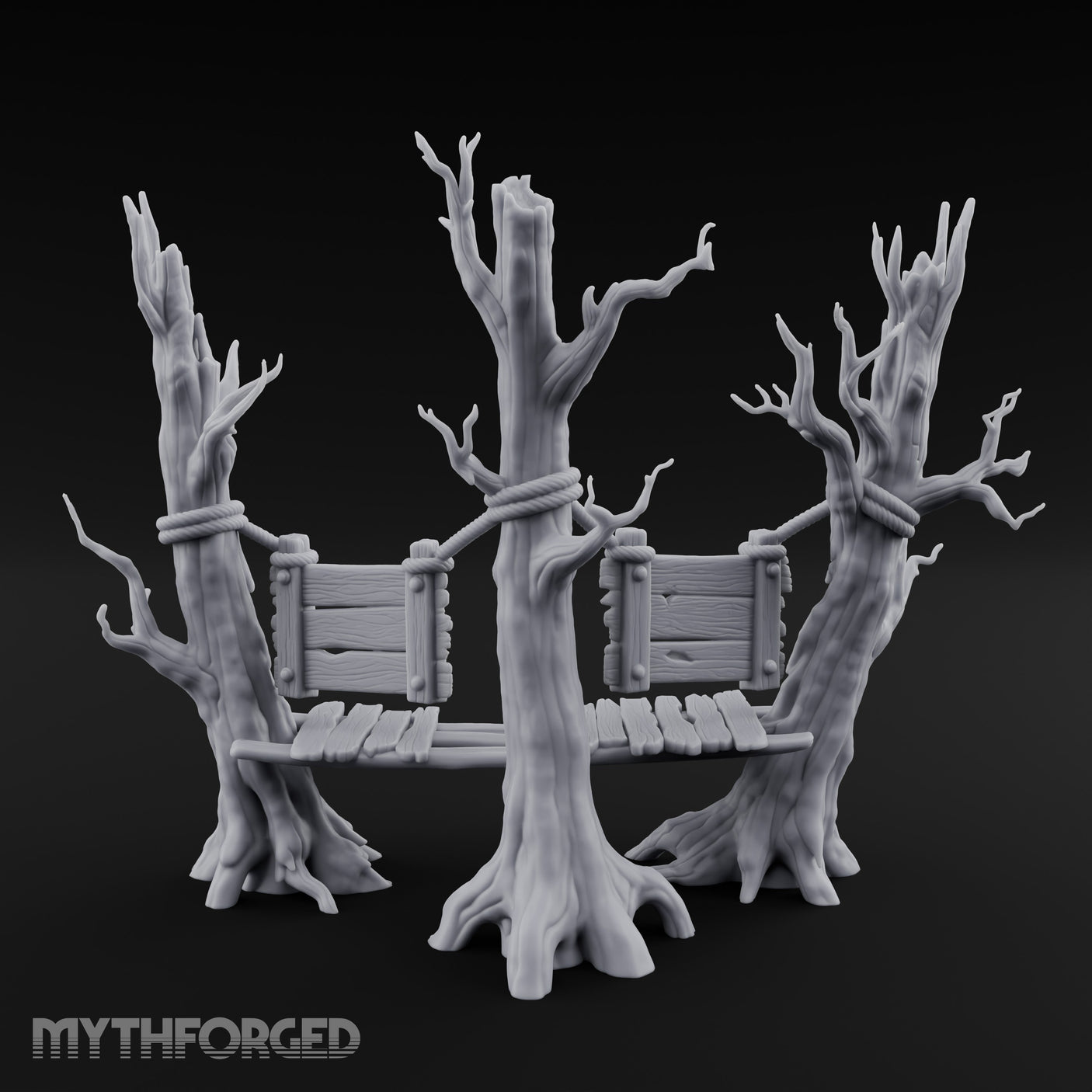 Plank-Bridged Rope-Lashed Dead Tree Bench Set Miniature for Dungeons and Dragons, Pathfinder or other TTRPGs