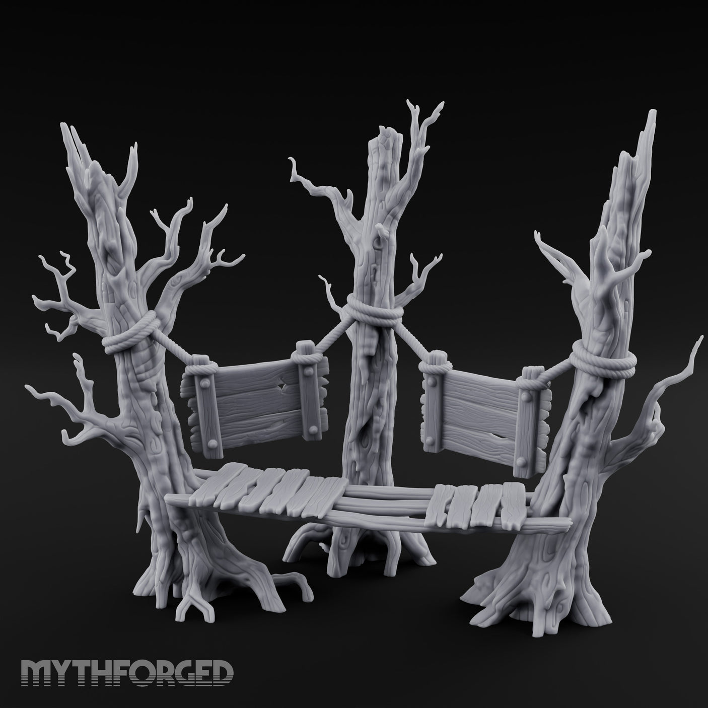 Plank-Bridged Rope-Lashed Dead Tree Bench Set Miniature for Dungeons and Dragons, Pathfinder or other TTRPGs