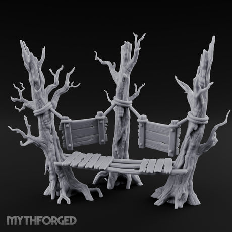 Plank-Bridged Rope-Lashed Dead Tree Bench Set Miniature for Dungeons and Dragons, Pathfinder or other TTRPGs