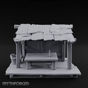 Plank-Floored Bucket-Hung Fishmonger Canopy Stall Miniature for Dungeons and Dragons, Pathfinder or other TTRPGs