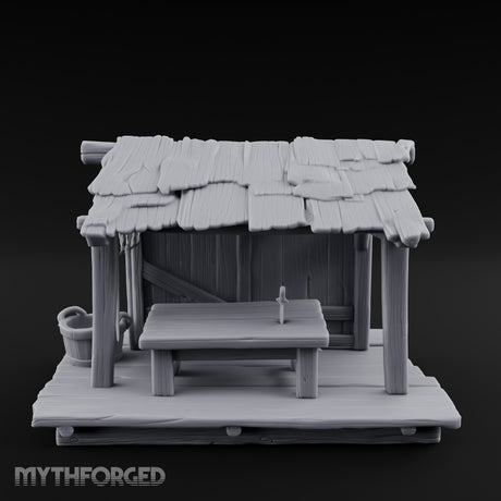 Plank-Floored Bucket-Hung Fishmonger Canopy Stall Miniature for Dungeons and Dragons, Pathfinder or other TTRPGs