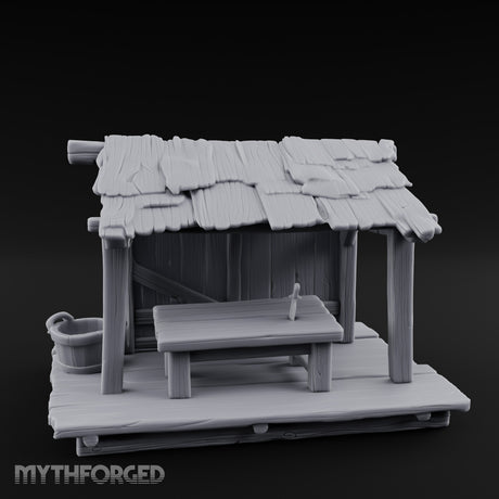 Plank-Floored Bucket-Hung Fishmonger Canopy Stall Miniature for Dungeons and Dragons, Pathfinder or other TTRPGs