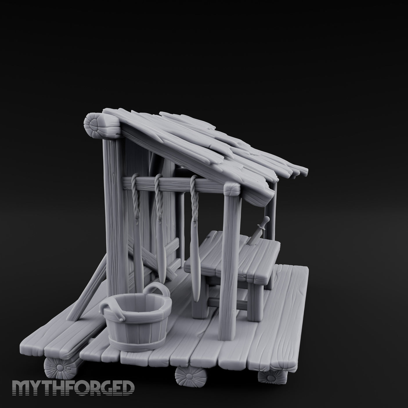 Plank-Floored Bucket-Hung Fishmonger Canopy Stall Miniature for Dungeons and Dragons, Pathfinder or other TTRPGs