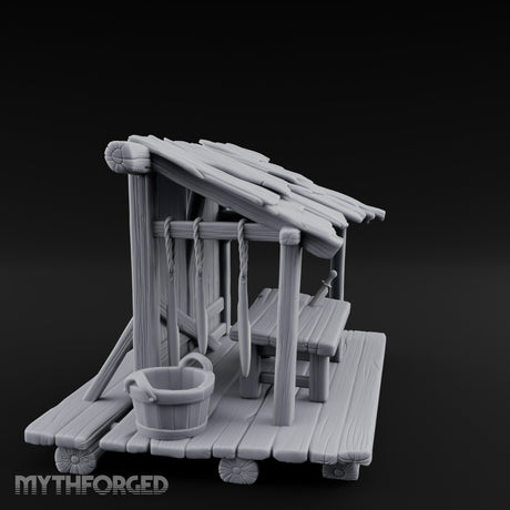 Plank-Floored Bucket-Hung Fishmonger Canopy Stall Miniature for Dungeons and Dragons, Pathfinder or other TTRPGs