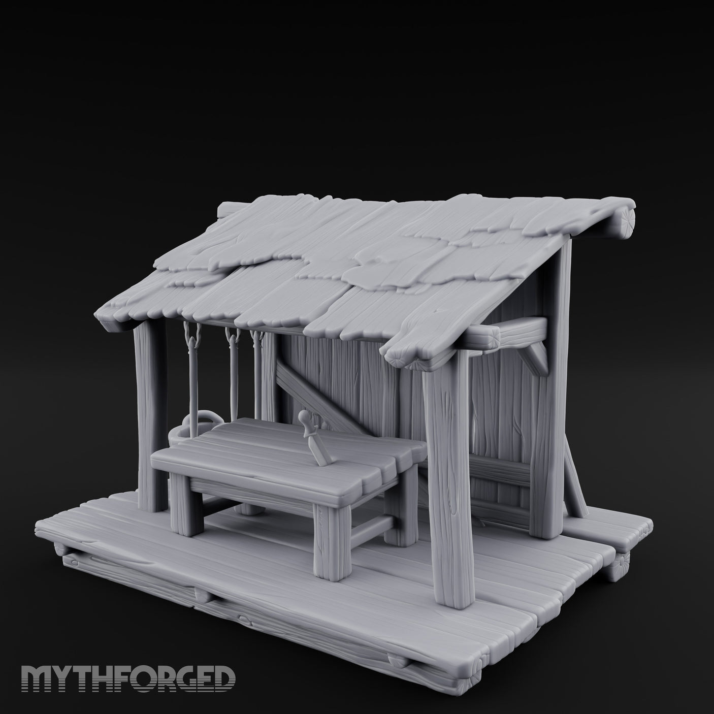 Plank-Floored Bucket-Hung Fishmonger Canopy Stall Miniature for Dungeons and Dragons, Pathfinder or other TTRPGs