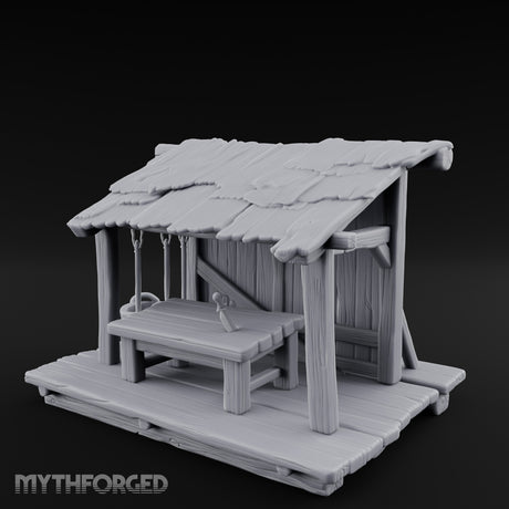 Plank-Floored Bucket-Hung Fishmonger Canopy Stall Miniature for Dungeons and Dragons, Pathfinder or other TTRPGs