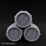 Plank-Grained Hoop-Rimmed Stacked Barrel Trio Miniature for Dungeons and Dragons, Pathfinder or other TTRPGs