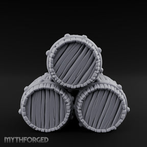 Plank-Grained Hoop-Rimmed Stacked Barrel Trio Miniature for Dungeons and Dragons, Pathfinder or other TTRPGs