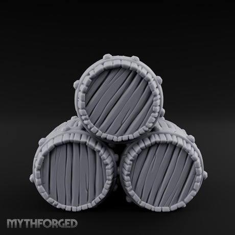 Plank-Grained Hoop-Rimmed Stacked Barrel Trio Miniature for Dungeons and Dragons, Pathfinder or other TTRPGs