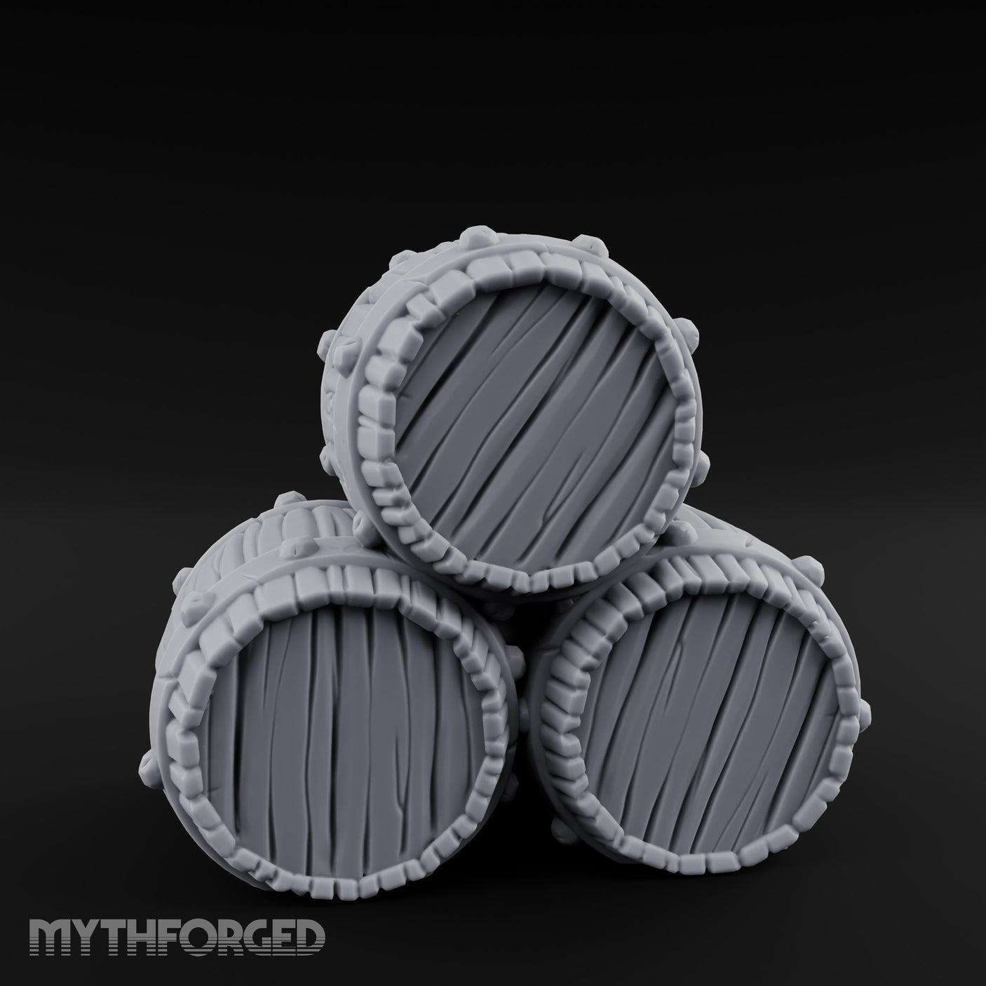 Plank-Grained Hoop-Rimmed Stacked Barrel Trio Miniature for Dungeons and Dragons, Pathfinder or other TTRPGs