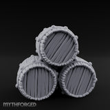 Plank-Grained Hoop-Rimmed Stacked Barrel Trio Miniature for Dungeons and Dragons, Pathfinder or other TTRPGs