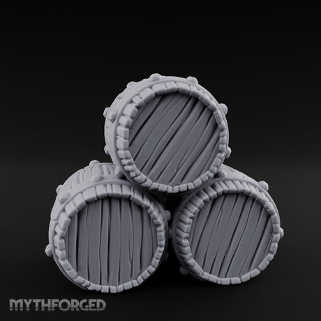 Plank-Grained Hoop-Rimmed Stacked Barrel Trio Miniature for Dungeons and Dragons, Pathfinder or other TTRPGs