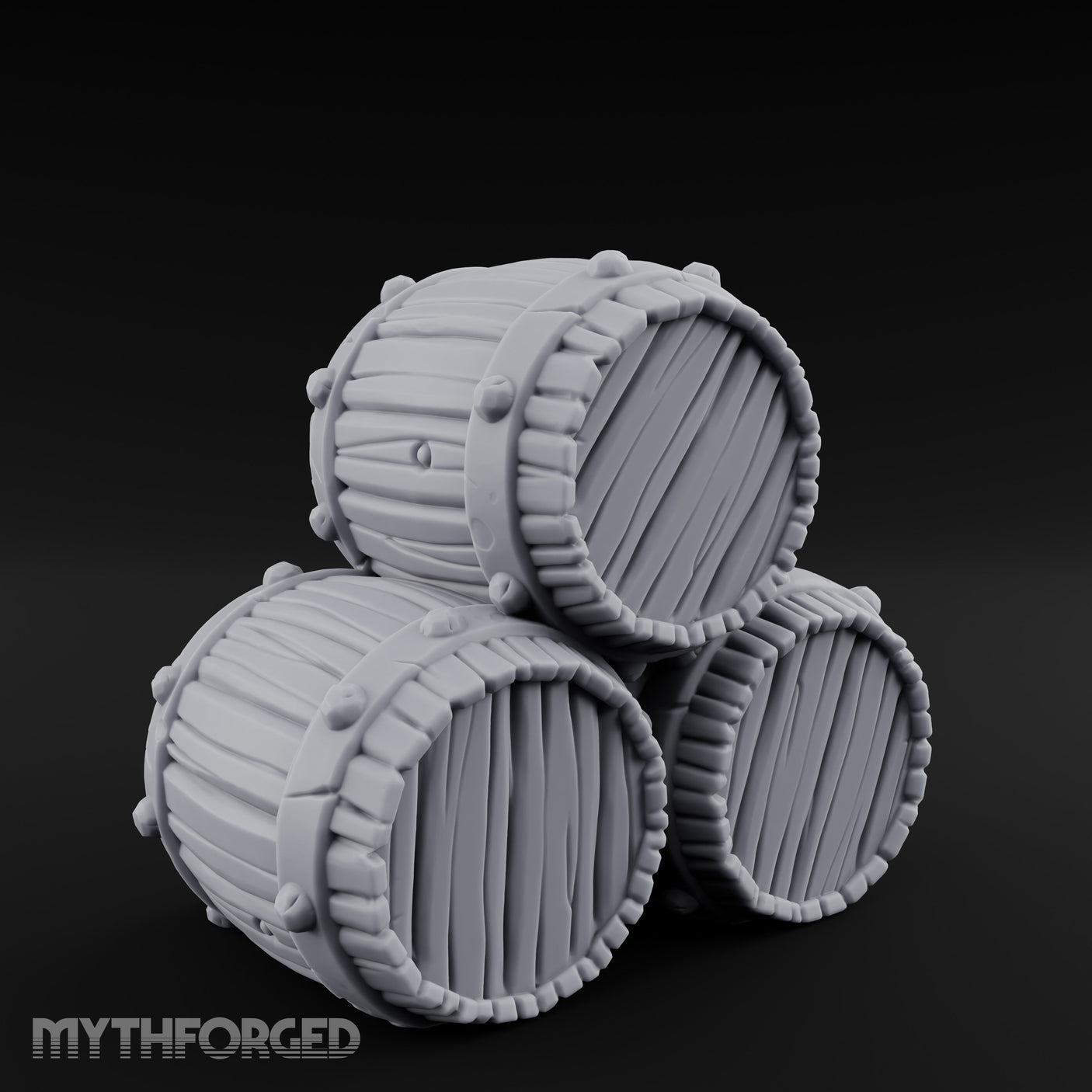 Plank-Grained Hoop-Rimmed Stacked Barrel Trio Miniature for Dungeons and Dragons, Pathfinder or other TTRPGs