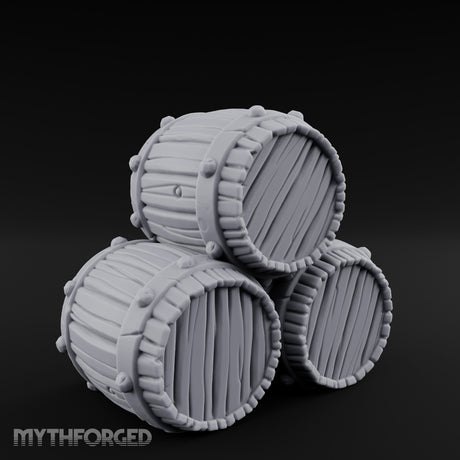 Plank-Grained Hoop-Rimmed Stacked Barrel Trio Miniature for Dungeons and Dragons, Pathfinder or other TTRPGs