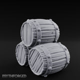 Plank-Grained Hoop-Rimmed Stacked Barrel Trio Miniature for Dungeons and Dragons, Pathfinder or other TTRPGs