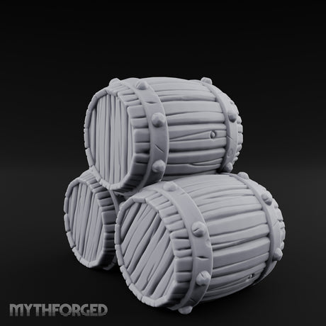Plank-Grained Hoop-Rimmed Stacked Barrel Trio Miniature for Dungeons and Dragons, Pathfinder or other TTRPGs