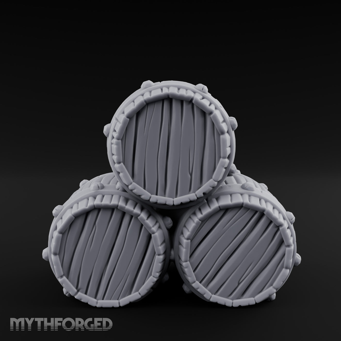 Plank-Grained Hoop-Rimmed Stacked Barrel Trio Miniature for Dungeons and Dragons, Pathfinder or other TTRPGs