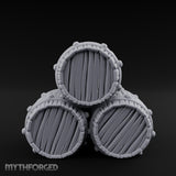 Plank-Grained Hoop-Rimmed Stacked Barrel Trio Miniature for Dungeons and Dragons, Pathfinder or other TTRPGs