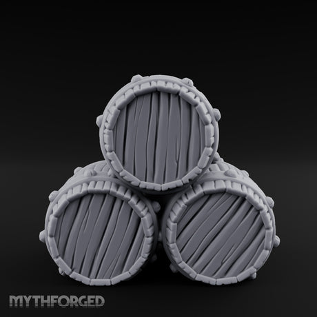 Plank-Grained Hoop-Rimmed Stacked Barrel Trio Miniature for Dungeons and Dragons, Pathfinder or other TTRPGs