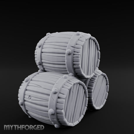 Plank-Grained Hoop-Rimmed Stacked Barrel Trio Miniature for Dungeons and Dragons, Pathfinder or other TTRPGs