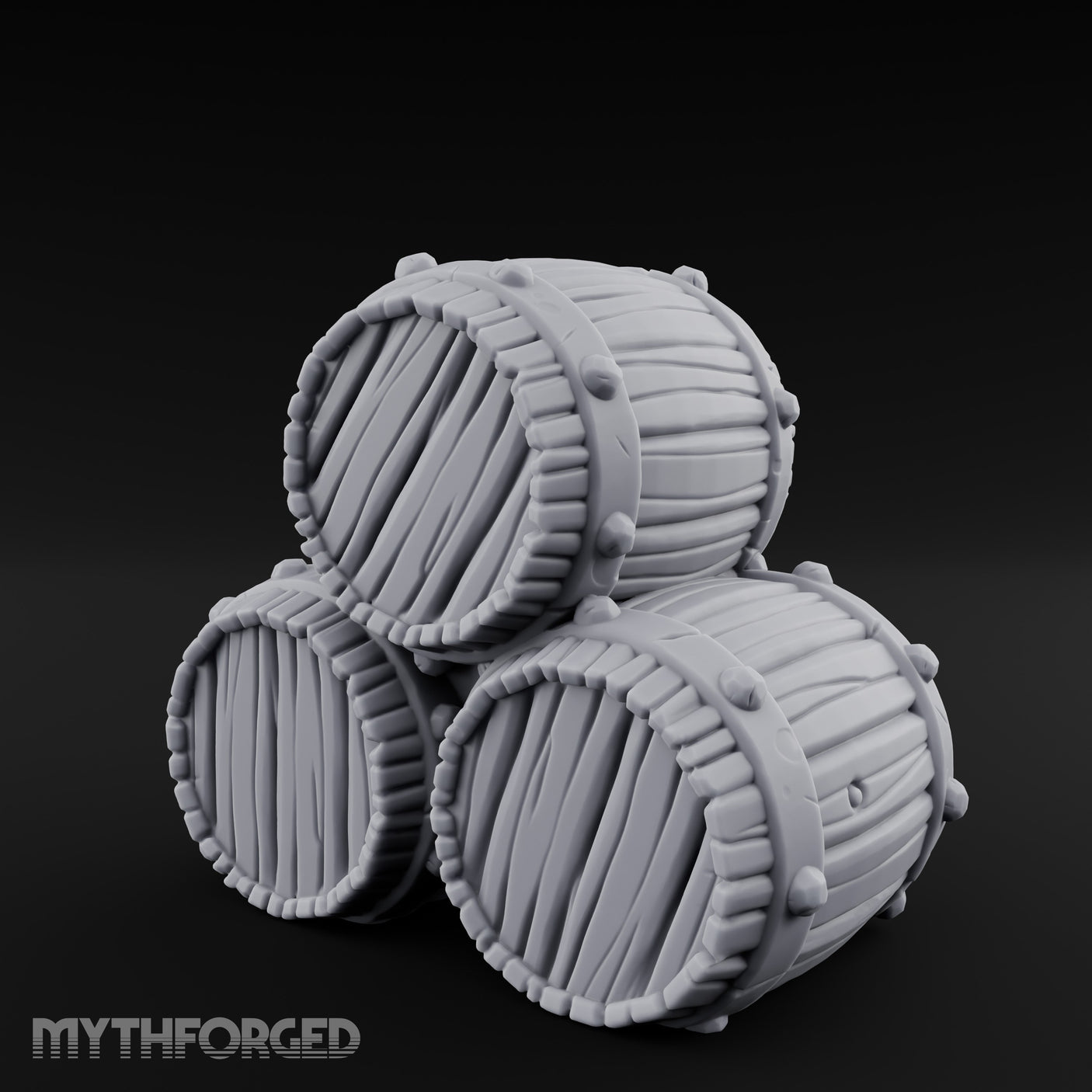 Plank-Grained Hoop-Rimmed Stacked Barrel Trio Miniature for Dungeons and Dragons, Pathfinder or other TTRPGs