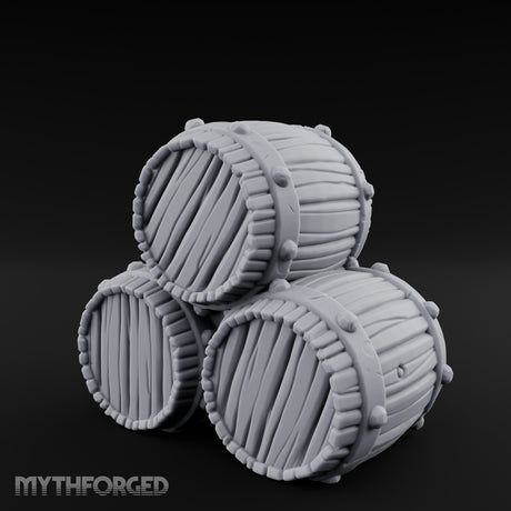 Plank-Grained Hoop-Rimmed Stacked Barrel Trio Miniature for Dungeons and Dragons, Pathfinder or other TTRPGs