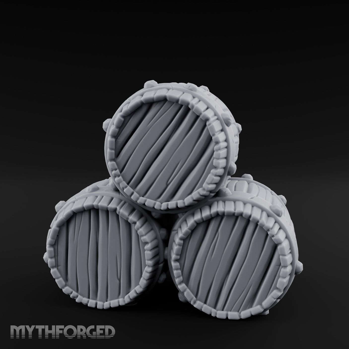 Plank-Grained Hoop-Rimmed Stacked Barrel Trio Miniature for Dungeons and Dragons, Pathfinder or other TTRPGs