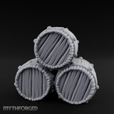 Plank-Grained Hoop-Rimmed Stacked Barrel Trio Miniature for Dungeons and Dragons, Pathfinder or other TTRPGs