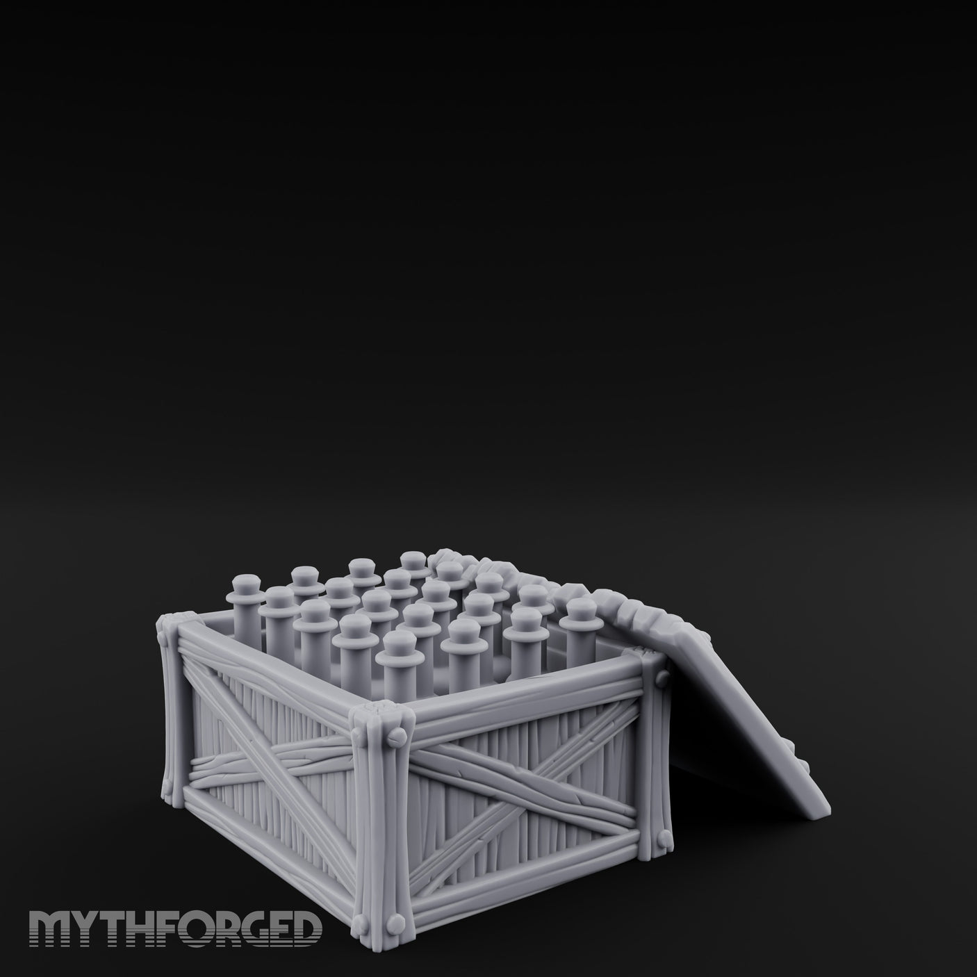 Plank-Sided Rivet-Banded Open Storage Crate Miniature for Dungeons and Dragons, Pathfinder or other TTRPGs