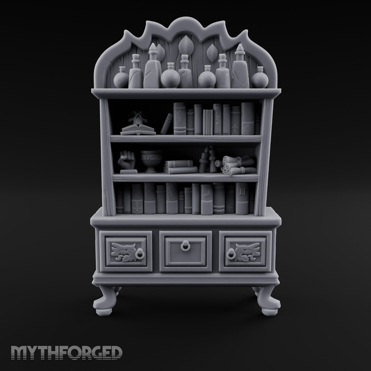 Potion-Crowned Scroll-Stuffed Wizard's Apothecary Bookcase Miniature for Dungeons and Dragons, Pathfinder or other TTRPGs