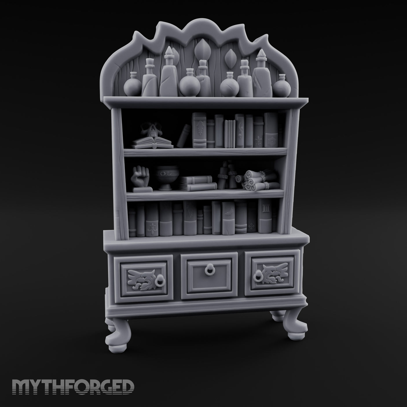 Potion-Crowned Scroll-Stuffed Wizard's Apothecary Bookcase Miniature for Dungeons and Dragons, Pathfinder or other TTRPGs