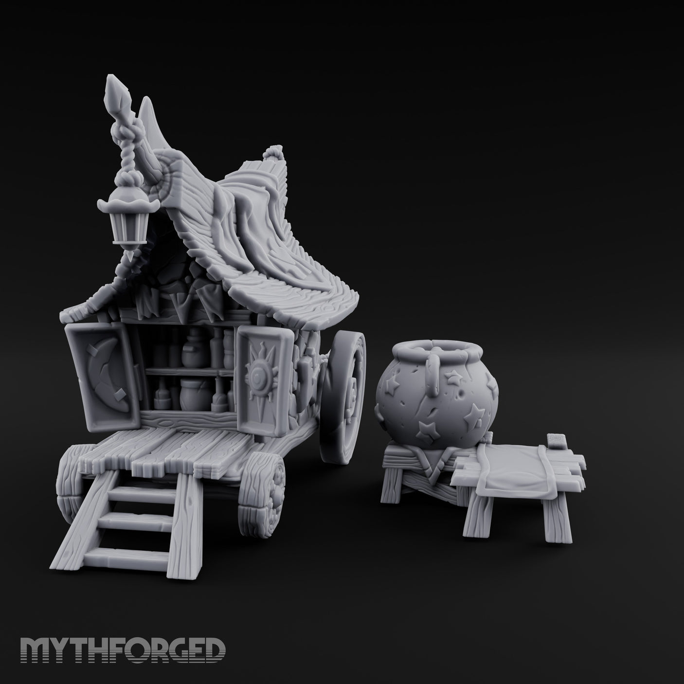 Potion-Stocked Lantern-Topped Wandering Alchemist Cart Miniature for Dungeons and Dragons, Pathfinder or other TTRPGs