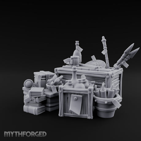 Potion-Stuffed Spear-Jutting Adventurer's Supply Crate Clutter Scene Miniature for Dungeons and Dragons, Pathfinder or other TTRPGs