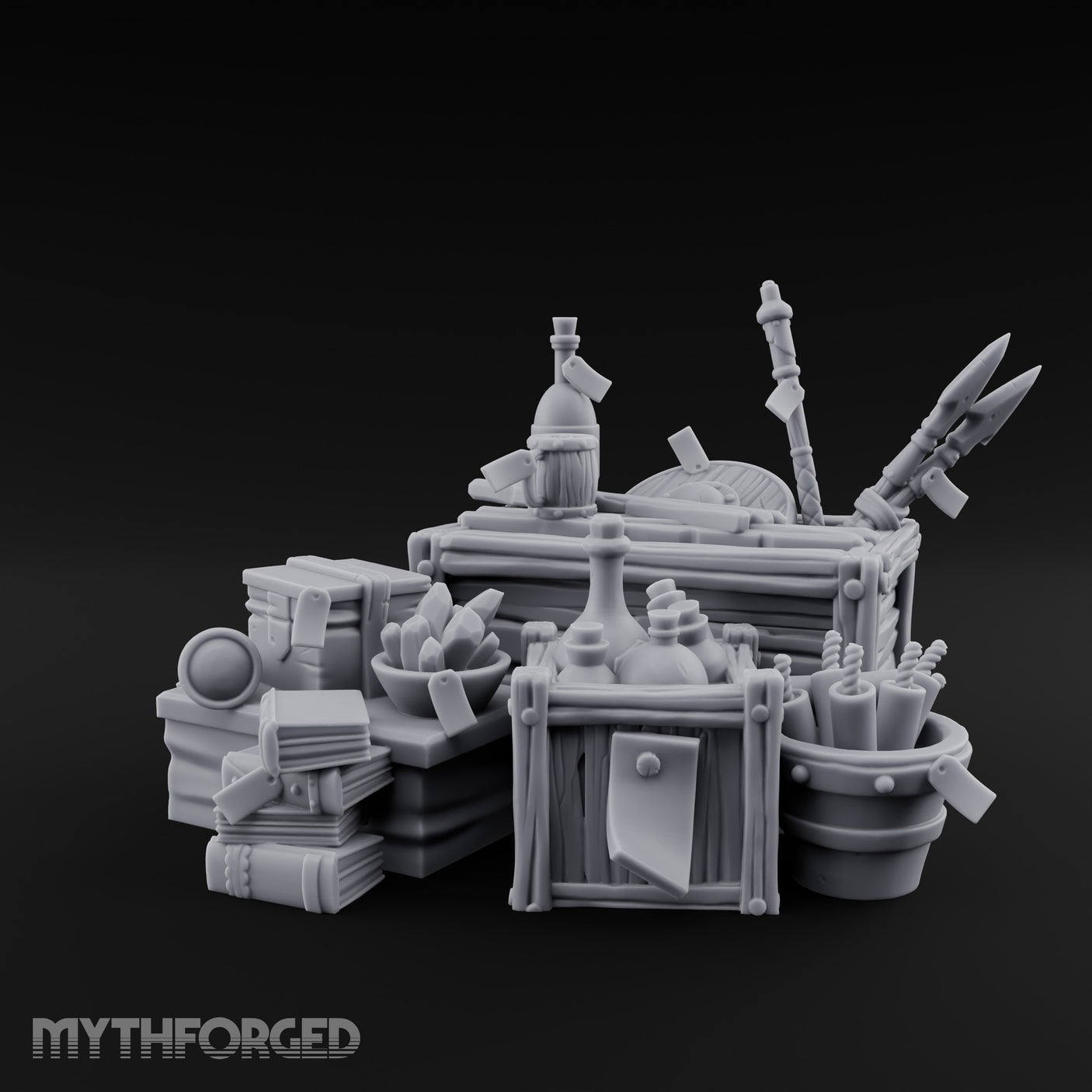 Potion-Stuffed Spear-Jutting Adventurer's Supply Crate Clutter Scene Miniature for Dungeons and Dragons, Pathfinder or other TTRPGs