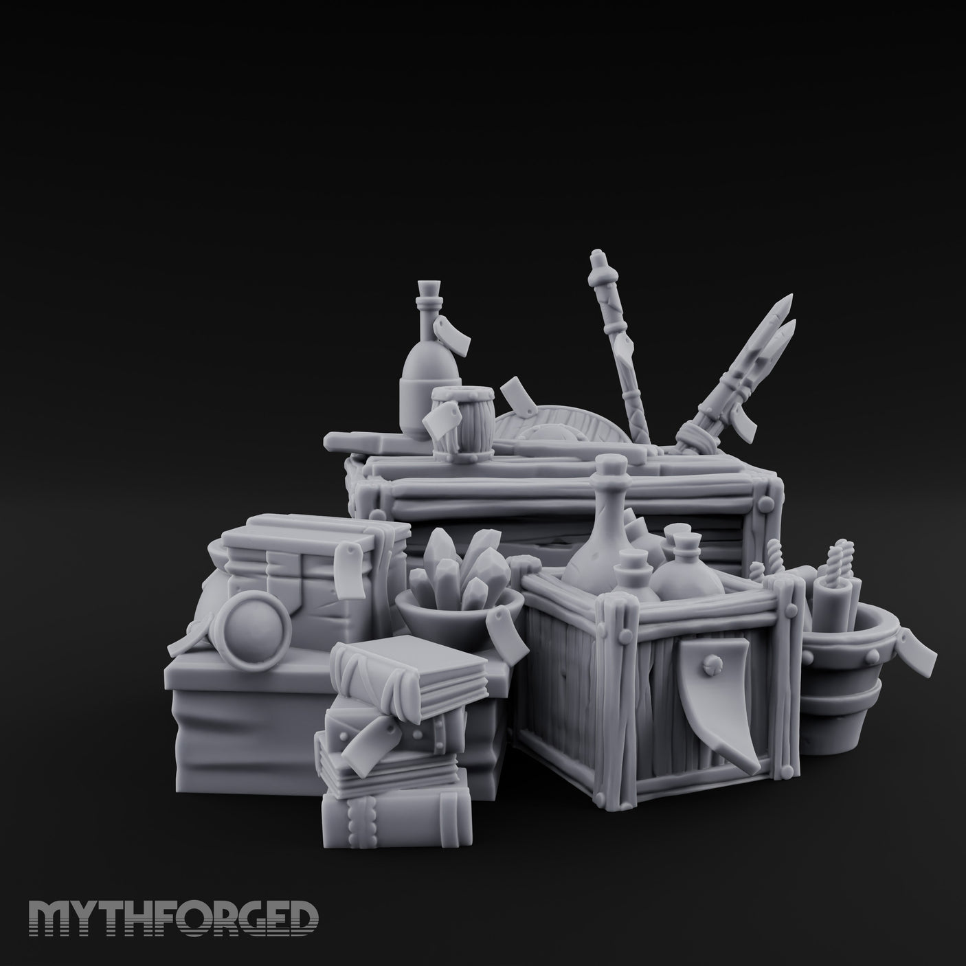 Potion-Stuffed Spear-Jutting Adventurer's Supply Crate Clutter Scene Miniature for Dungeons and Dragons, Pathfinder or other TTRPGs