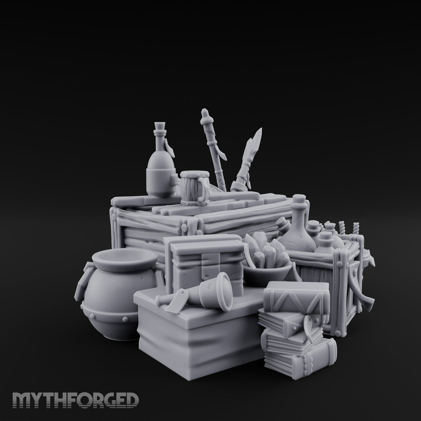 Potion-Stuffed Spear-Jutting Adventurer's Supply Crate Clutter Scene Miniature for Dungeons and Dragons, Pathfinder or other TTRPGs