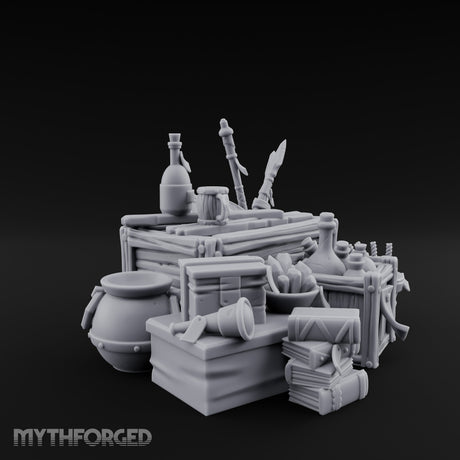 Potion-Stuffed Spear-Jutting Adventurer's Supply Crate Clutter Scene Miniature for Dungeons and Dragons, Pathfinder or other TTRPGs