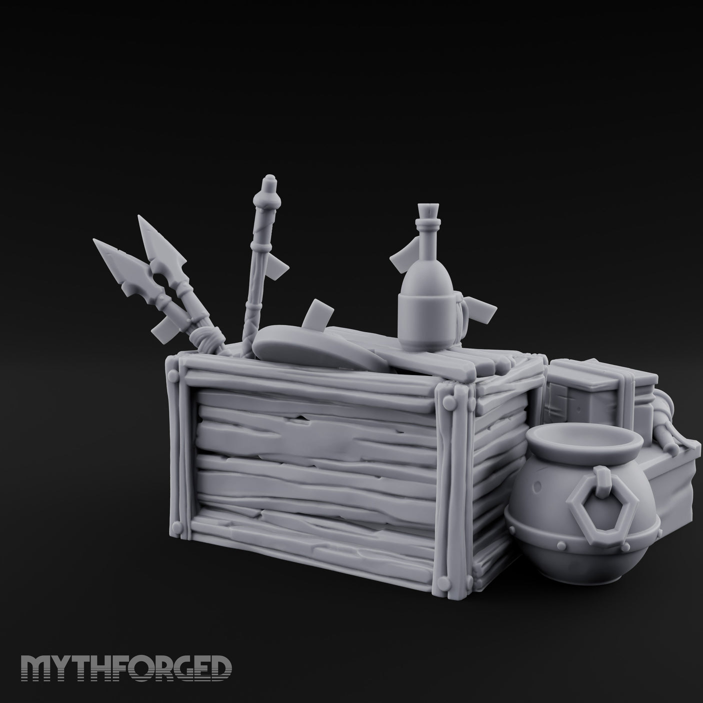 Potion-Stuffed Spear-Jutting Adventurer's Supply Crate Clutter Scene Miniature for Dungeons and Dragons, Pathfinder or other TTRPGs