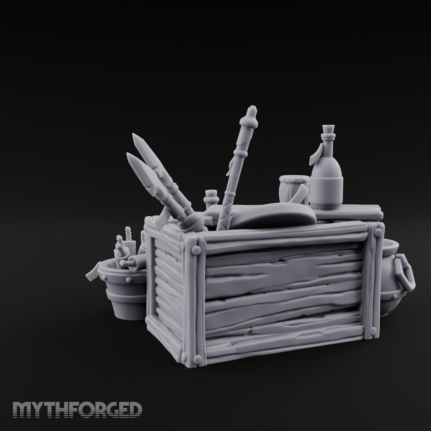 Potion-Stuffed Spear-Jutting Adventurer's Supply Crate Clutter Scene Miniature for Dungeons and Dragons, Pathfinder or other TTRPGs