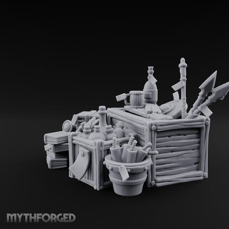 Potion-Stuffed Spear-Jutting Adventurer's Supply Crate Clutter Scene Miniature for Dungeons and Dragons, Pathfinder or other TTRPGs