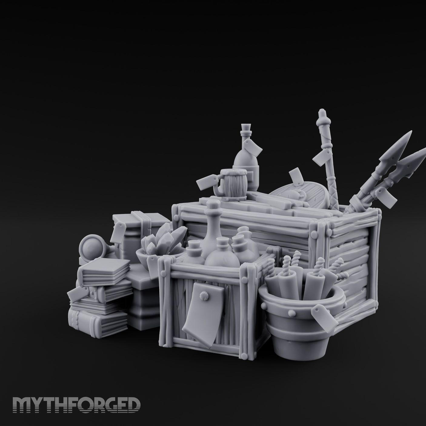 Potion-Stuffed Spear-Jutting Adventurer's Supply Crate Clutter Scene Miniature for Dungeons and Dragons, Pathfinder or other TTRPGs