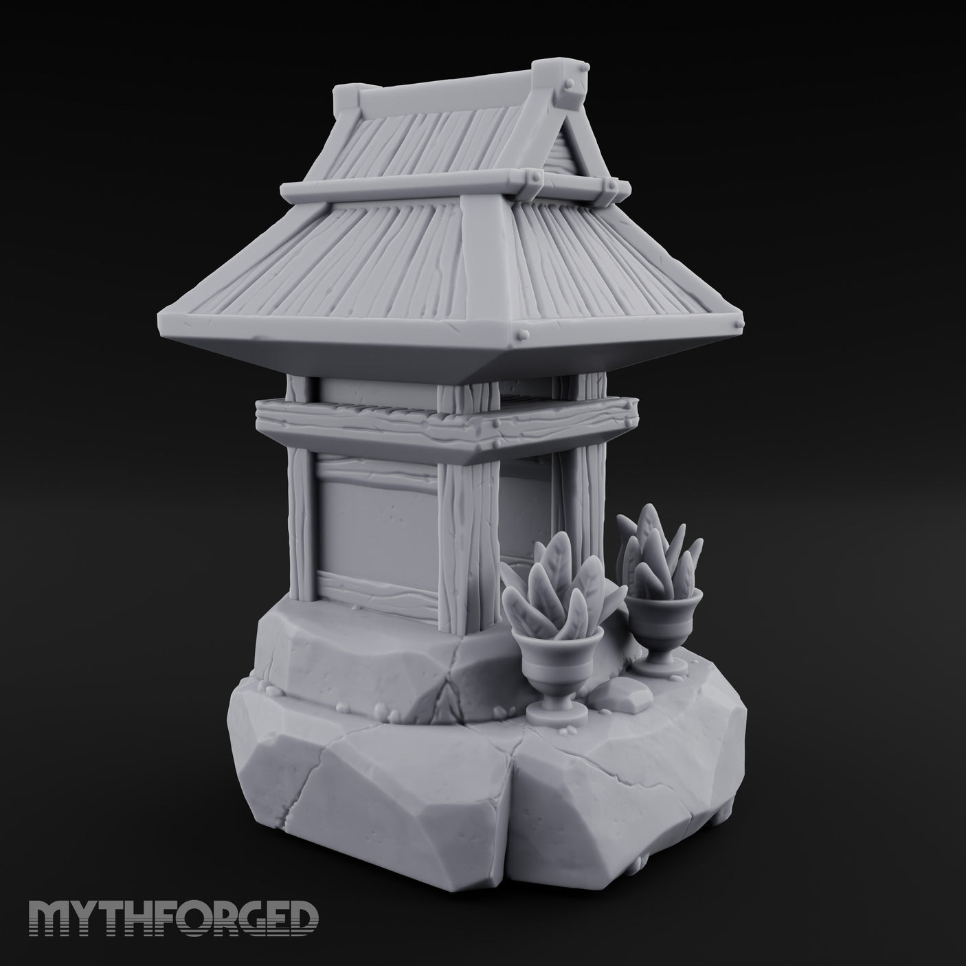 Potted-Plant Rocky-Based Japanese Wayside Shrine Altar Miniature for Dungeons and Dragons, Pathfinder or other TTRPGs