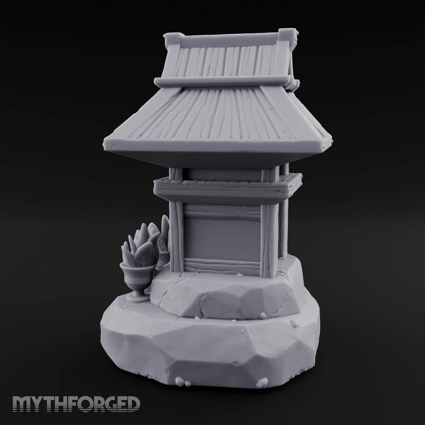 Potted-Plant Rocky-Based Japanese Wayside Shrine Altar Miniature for Dungeons and Dragons, Pathfinder or other TTRPGs